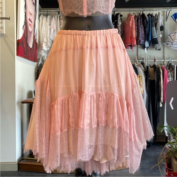 Blush pink silk metallic rose gold lace skirt high waisted skort shorts low back